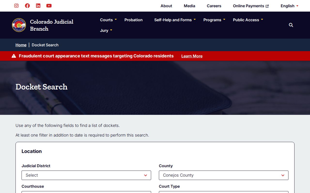 Conejos County warrant records docket search filters