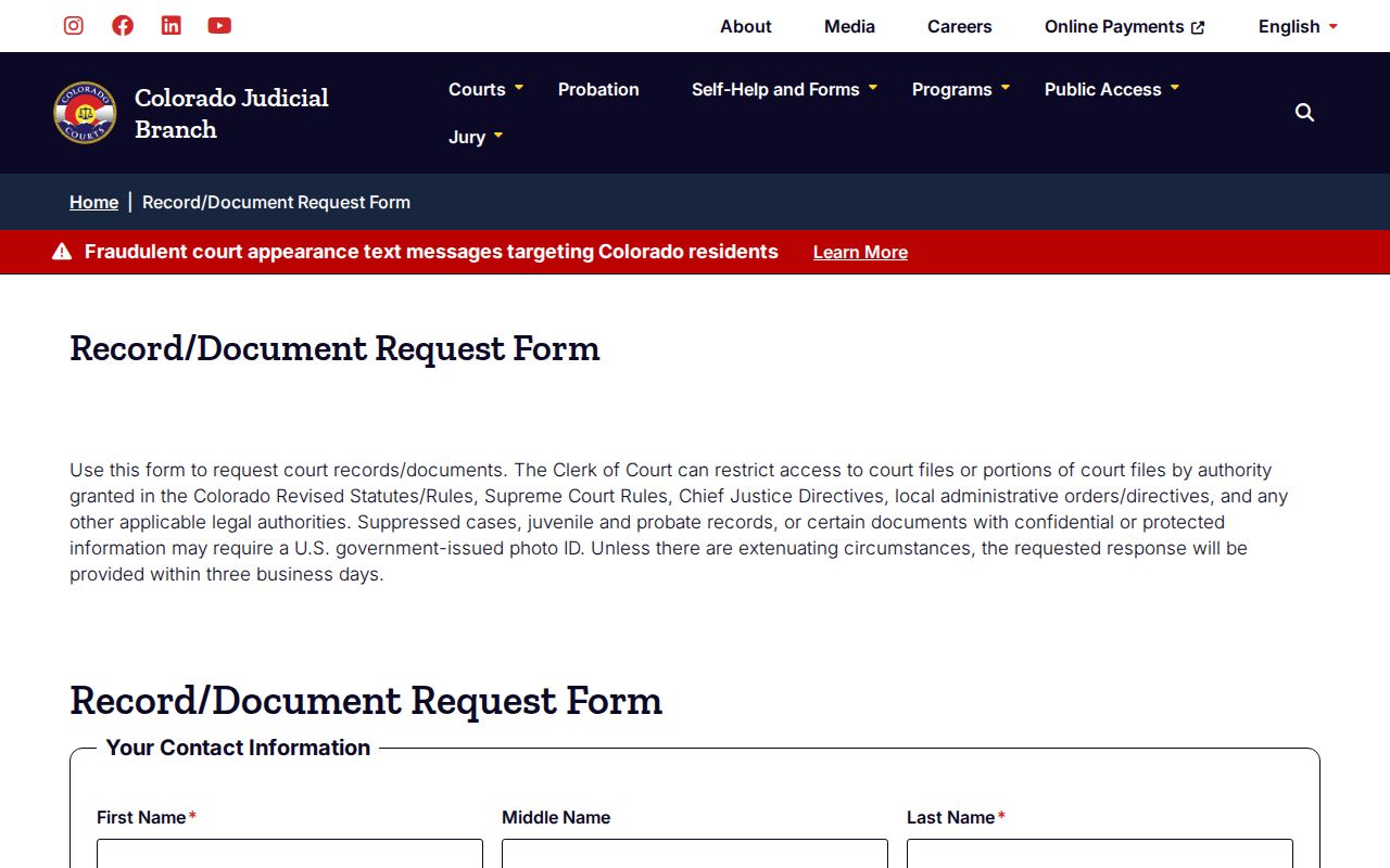 Conejos County bench warrant court record request form