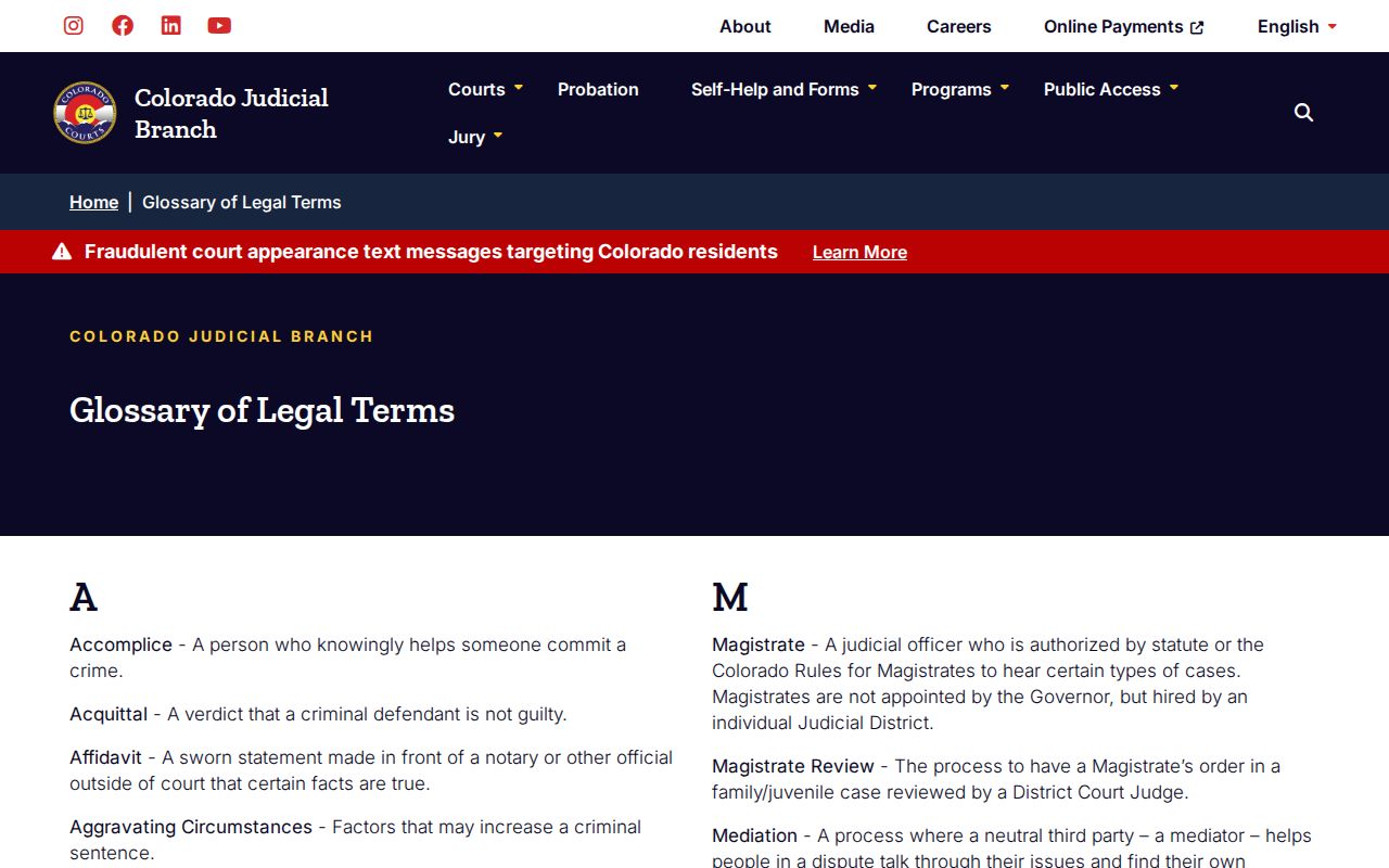 Conejos County bench warrant glossary from Colorado Judicial Branch