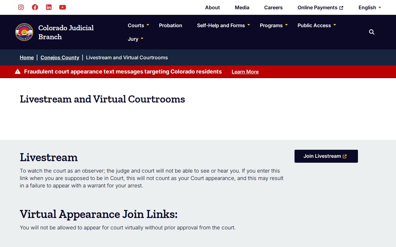 Conejos County bench warrant virtual appearance warning