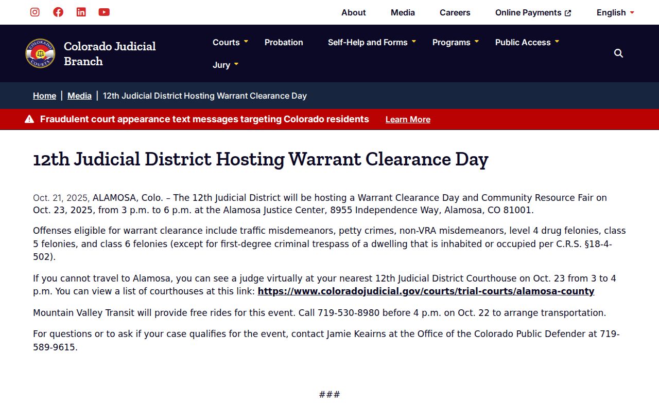 Conejos County outstanding warrants dated clearance event