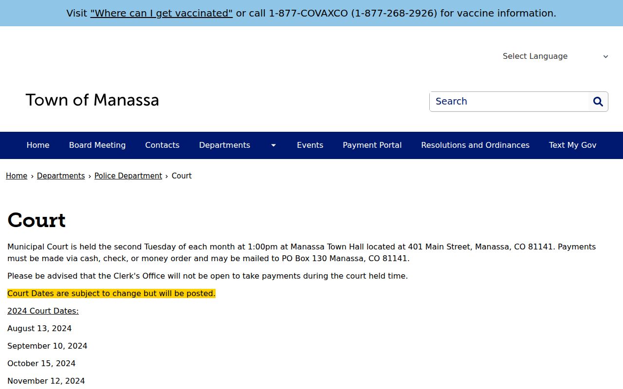 Official Manassa Municipal Court page for warrant search routing