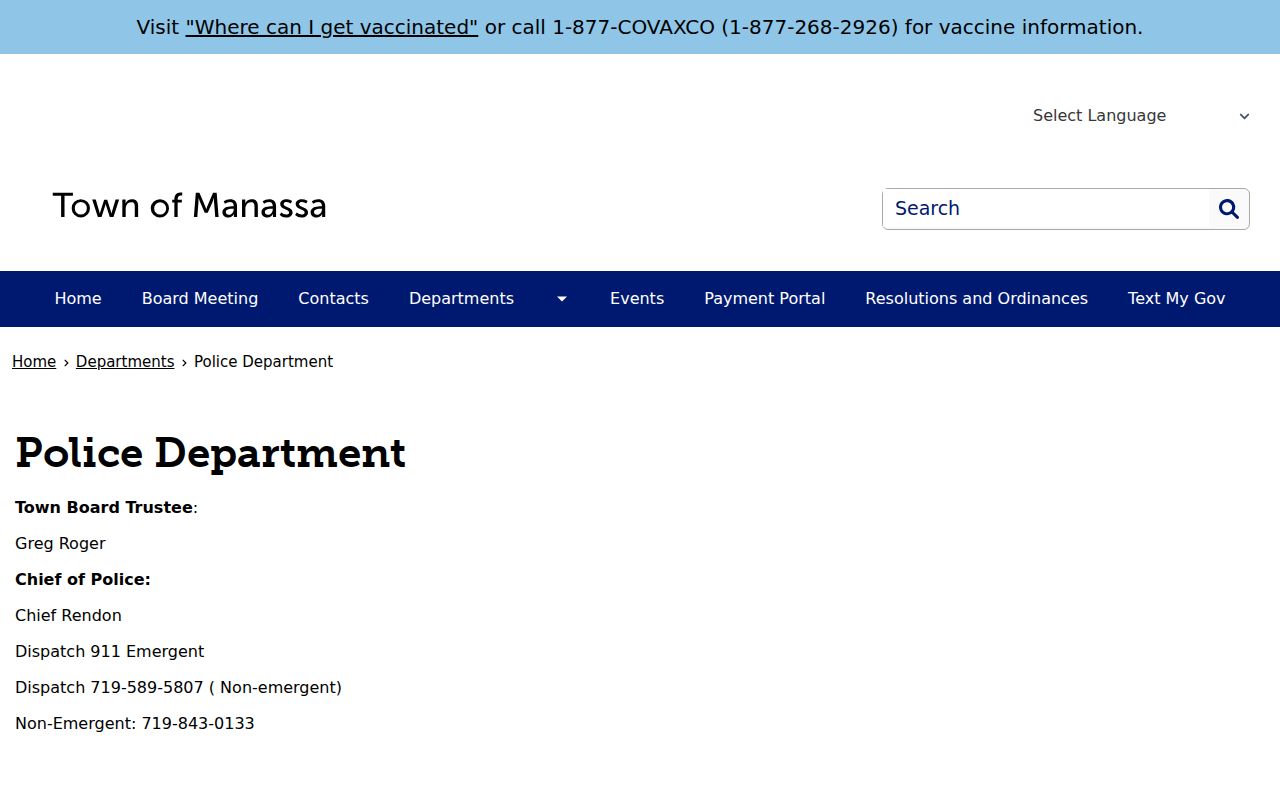 Manassa Police Department navigation for Manassa warrant records