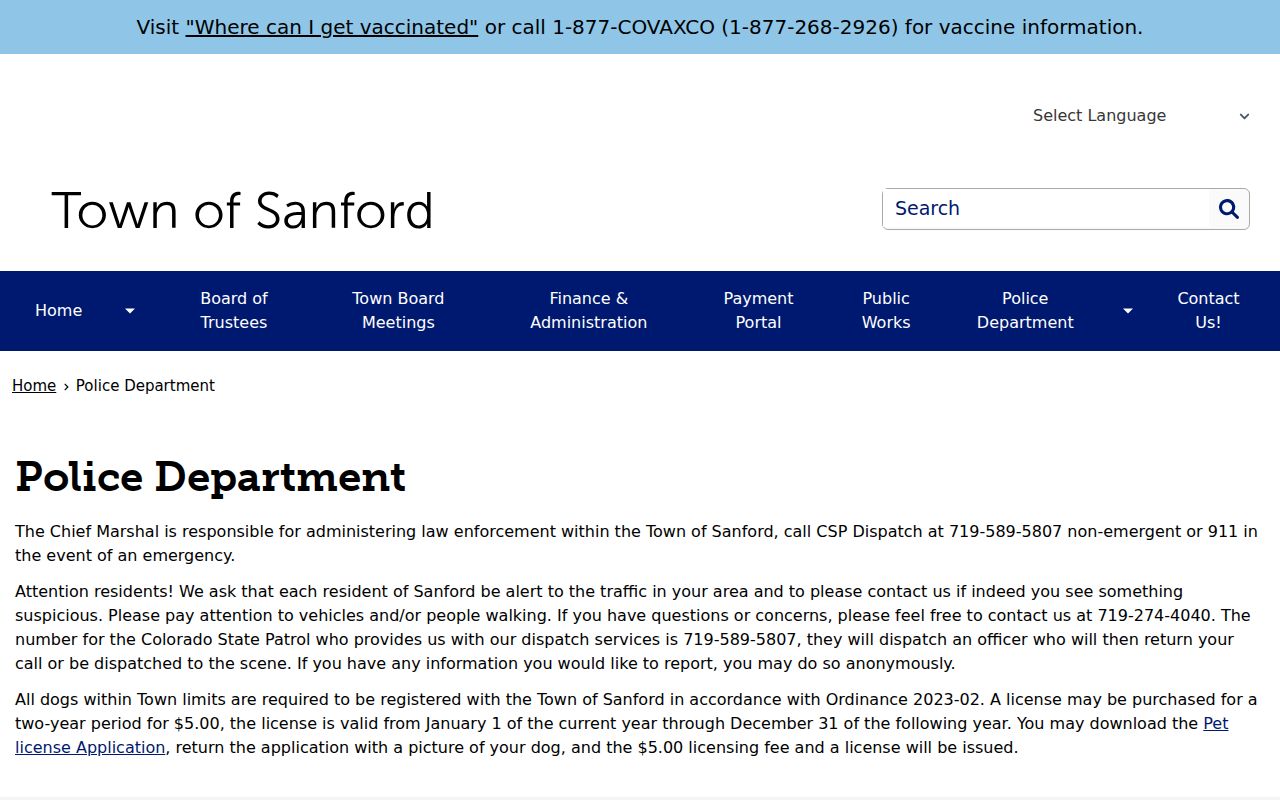 Conejos County municipal warrant routing on the Sanford Police Department page