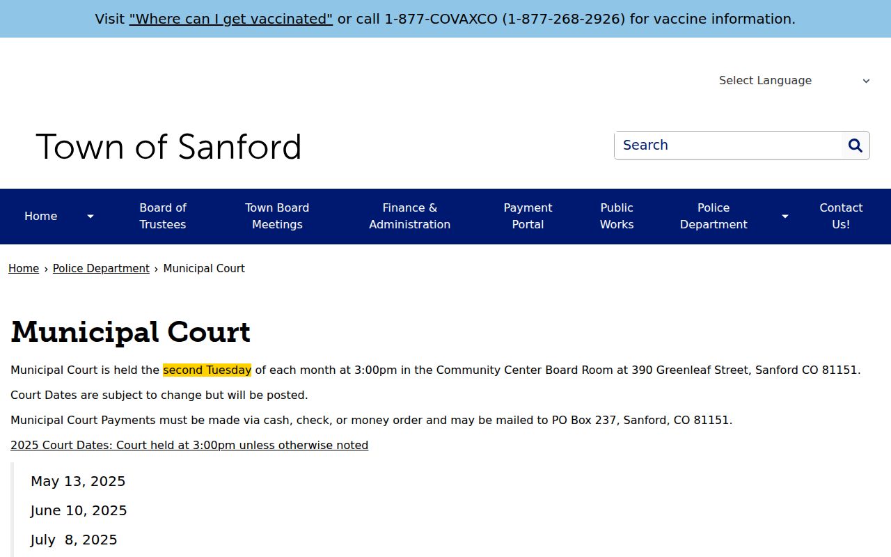 Conejos County traffic warrant Sanford Municipal Court information