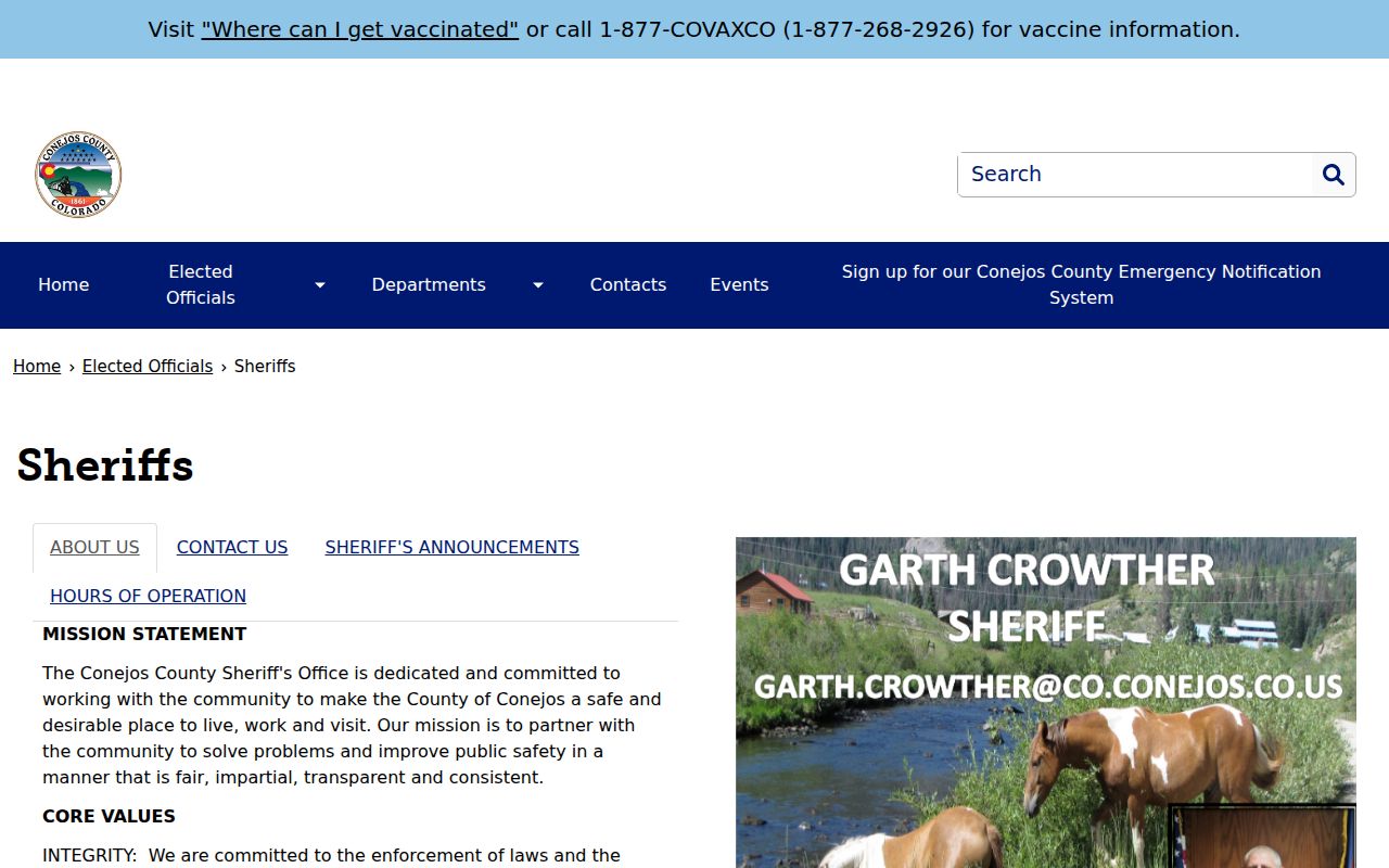 Conejos County Sheriff contact route for warrant records