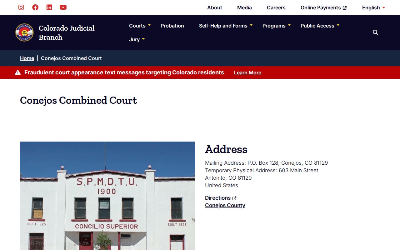 Conejos Combined Court contact card for warrant records