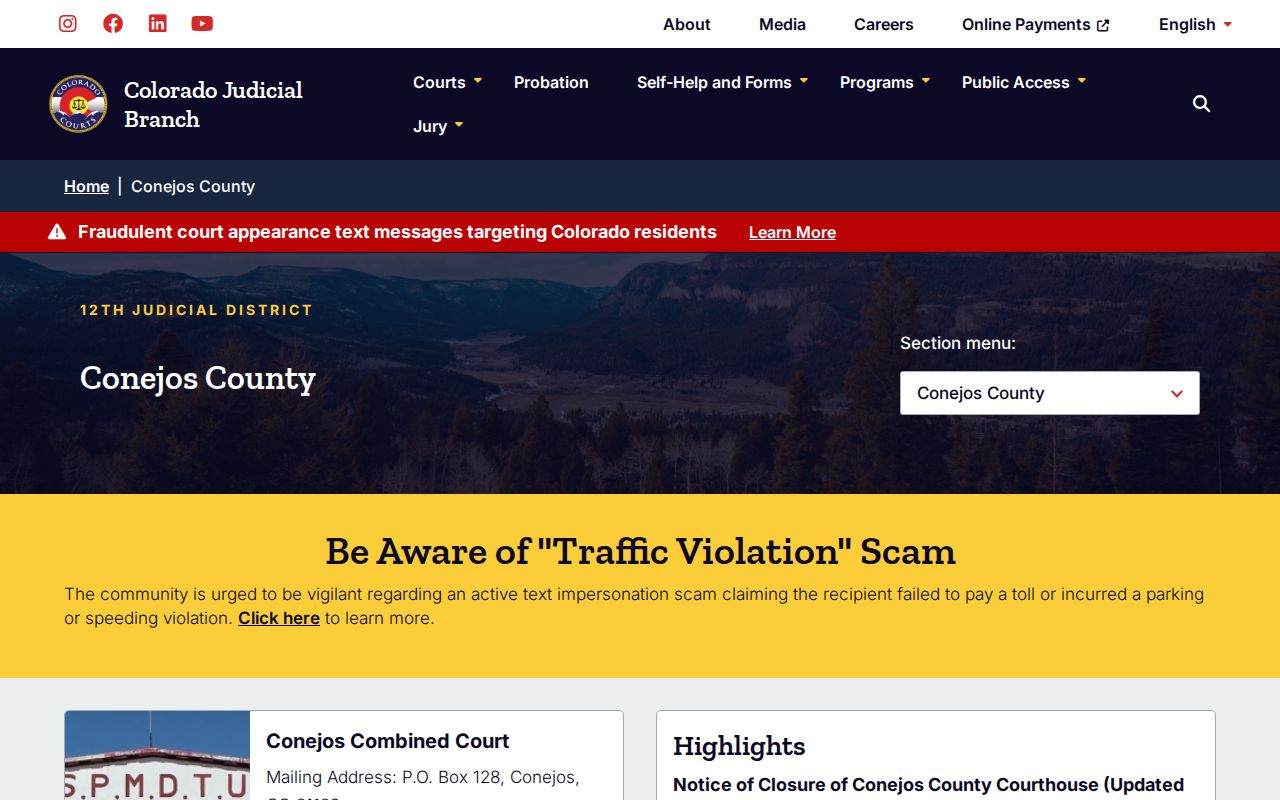 Temporary Conejos Combined Court location for warrant records